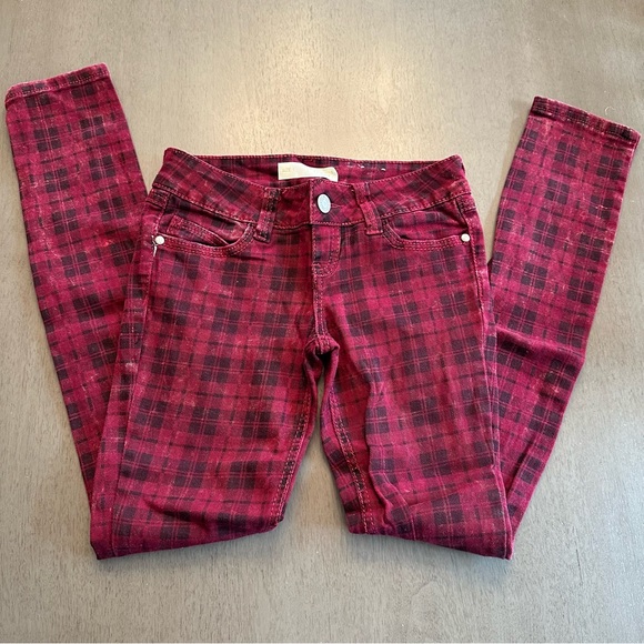 Almost Famous Denim - ALMOST FAMOUS Premium Red Plaid Distressed Skinny Jeans Size 1